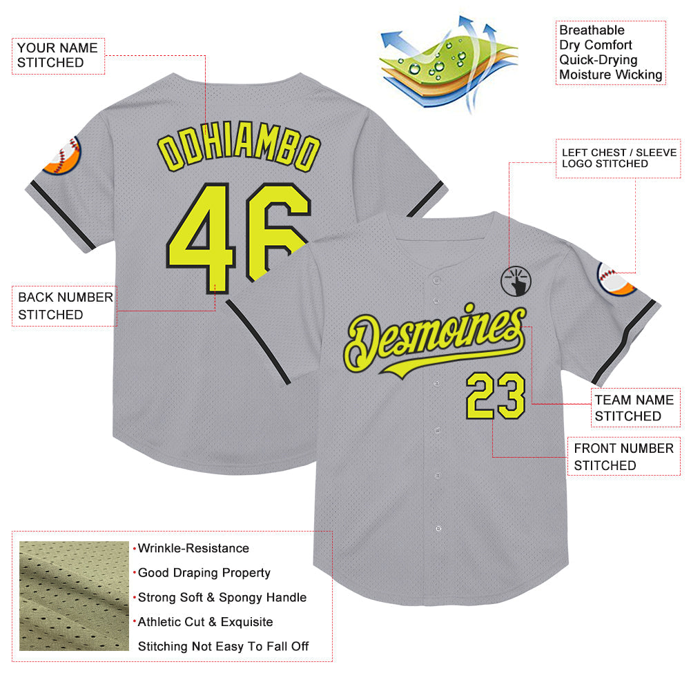 Custom Gray Neon Yellow-Black Mesh Authentic Throwback Baseball Jersey - Sky-Custom