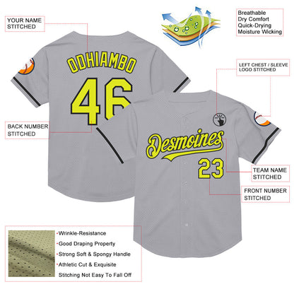 Custom Gray Neon Yellow-Black Mesh Authentic Throwback Baseball Jersey - Sky-Custom