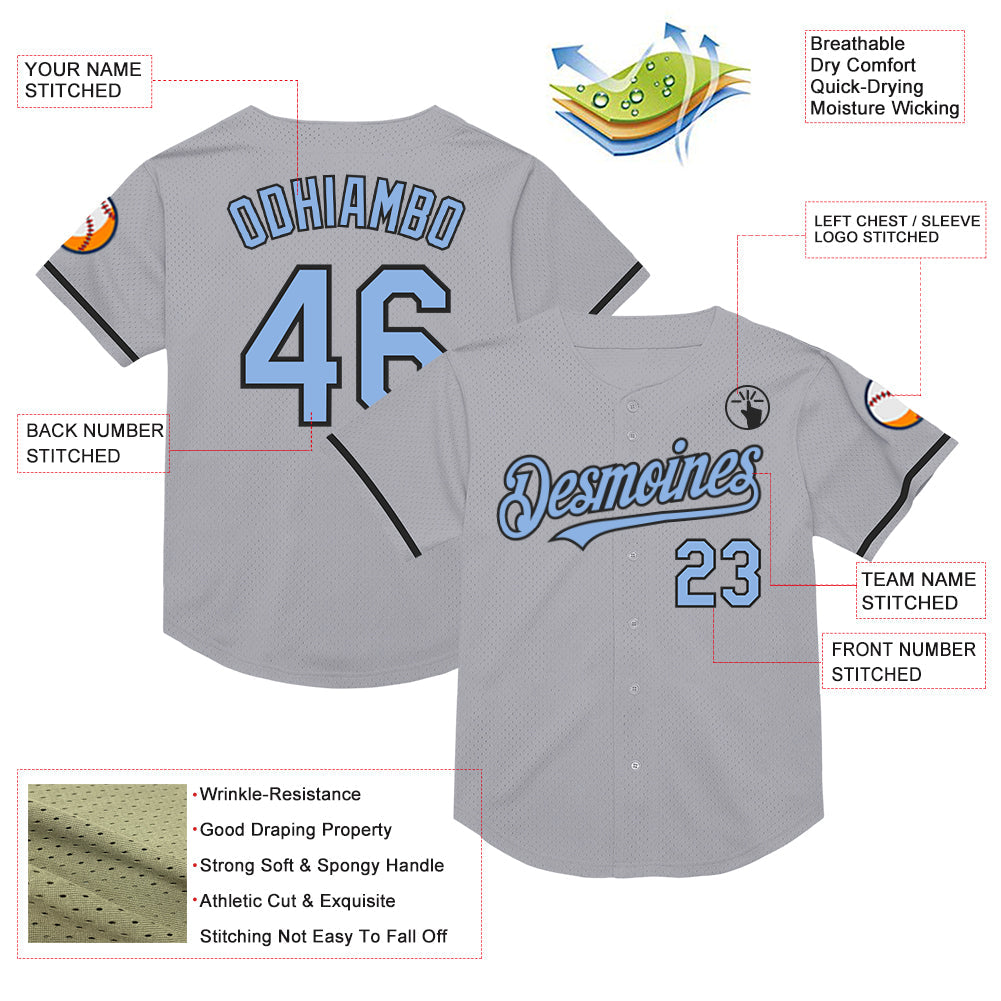 Custom Gray Light Blue-Black Mesh Authentic Throwback Baseball Jersey - Sky-Custom