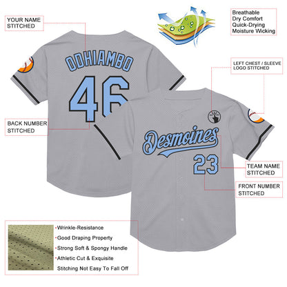 Custom Gray Light Blue-Black Mesh Authentic Throwback Baseball Jersey - Sky-Custom