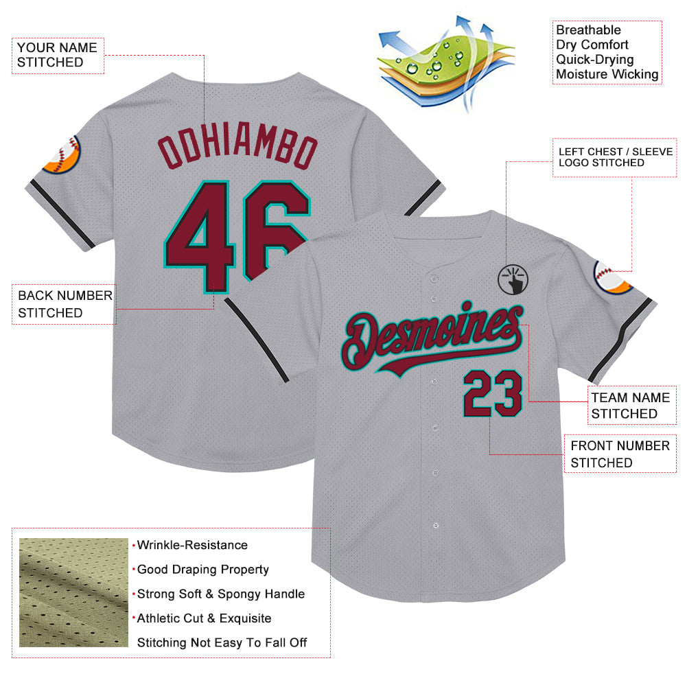Custom Gray Crimson Black-Aqua Mesh Authentic Throwback Baseball Jersey - Sky-Custom