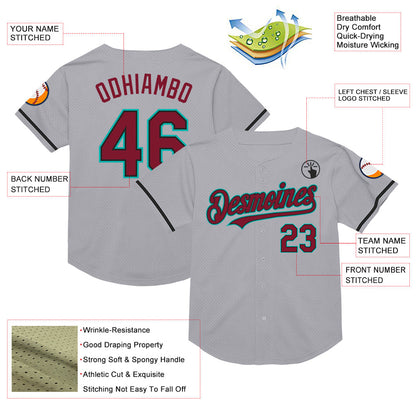 Custom Gray Crimson Black-Aqua Mesh Authentic Throwback Baseball Jersey - Sky-Custom