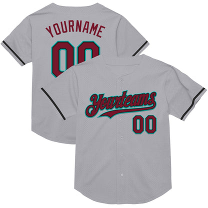 Custom Gray Crimson Black-Aqua Mesh Authentic Throwback Baseball Jersey - Sky-Custom