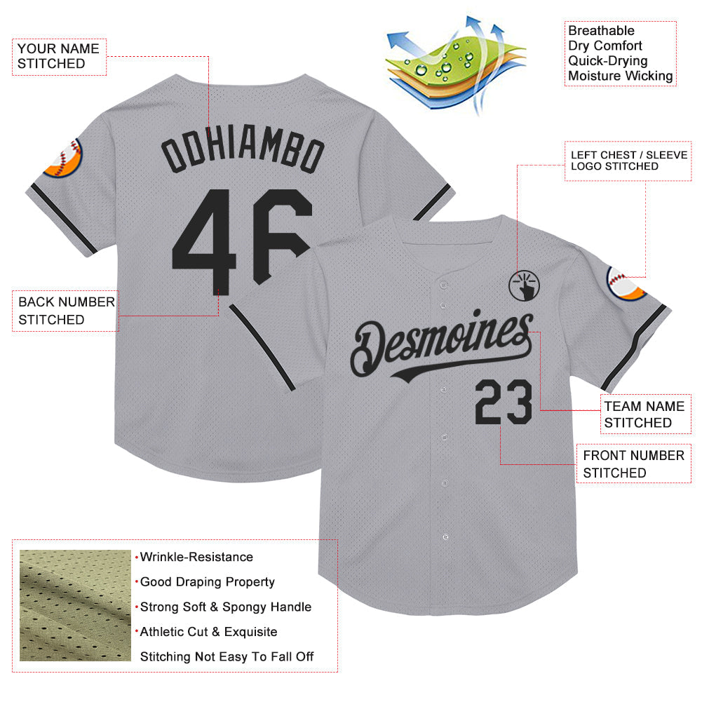 Custom Gray Black Mesh Authentic Throwback Baseball Jersey - Sky-Custom