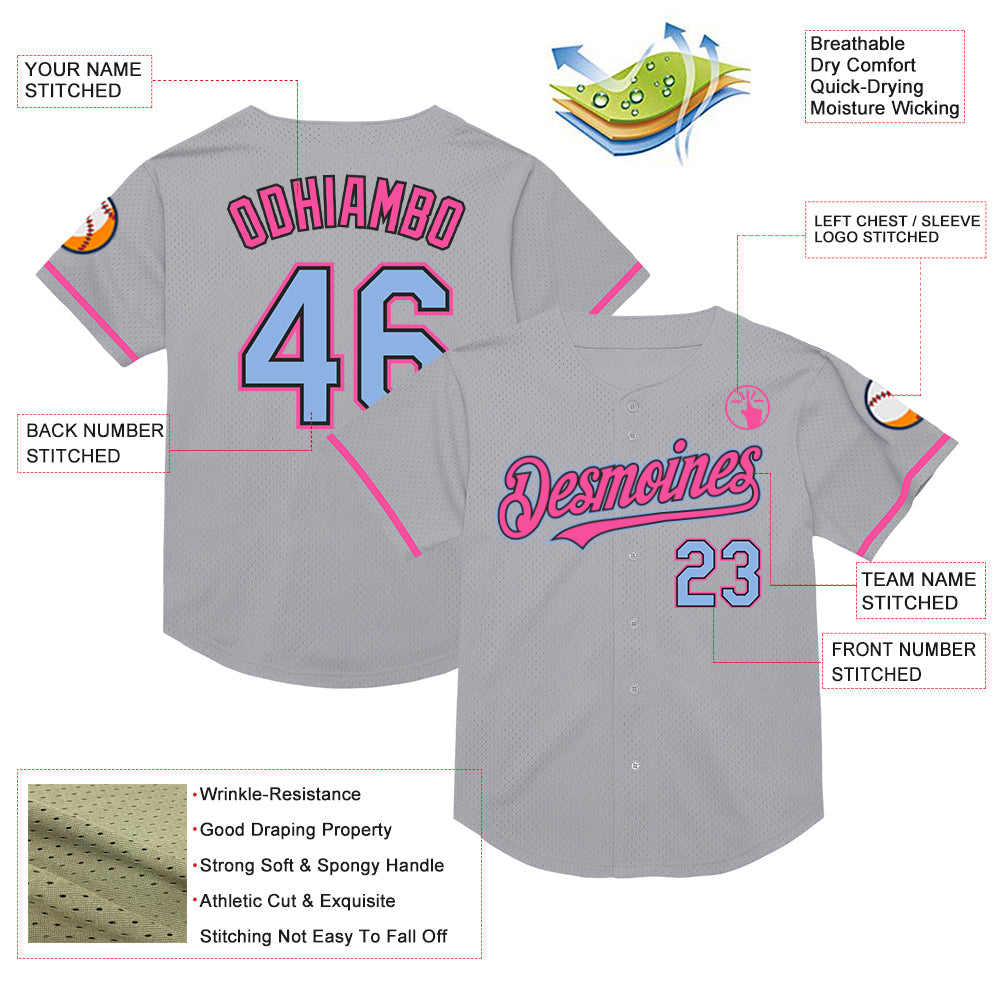 Custom Gray Light Blue Black-Pink Mesh Authentic Throwback Baseball Jersey - Sky-Custom