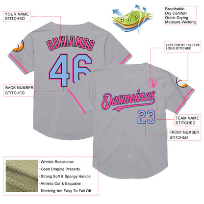 Custom Gray Light Blue Black-Pink Mesh Authentic Throwback Baseball Jersey - Sky-Custom