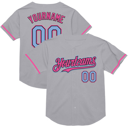 Custom Gray Light Blue Black-Pink Mesh Authentic Throwback Baseball Jersey - Sky-Custom