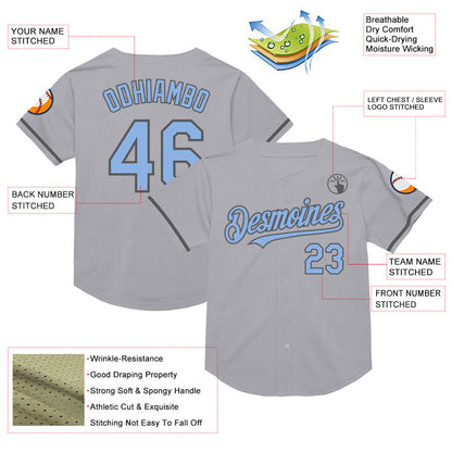Custom Gray Light Blue-Steel Gray Mesh Authentic Throwback Baseball Jersey - Sky-Custom