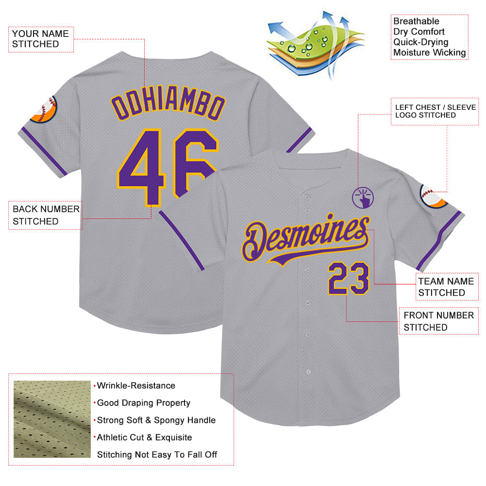 Custom Gray Purple-Gold Mesh Authentic Throwback Baseball Jersey - Sky-Custom