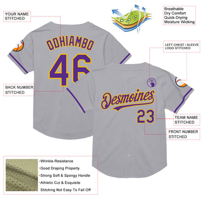 Custom Gray Purple-Gold Mesh Authentic Throwback Baseball Jersey - Sky-Custom
