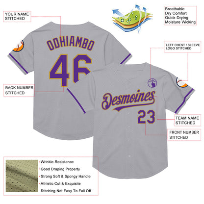 Custom Gray Purple-Old Gold Mesh Authentic Throwback Baseball Jersey - Sky-Custom