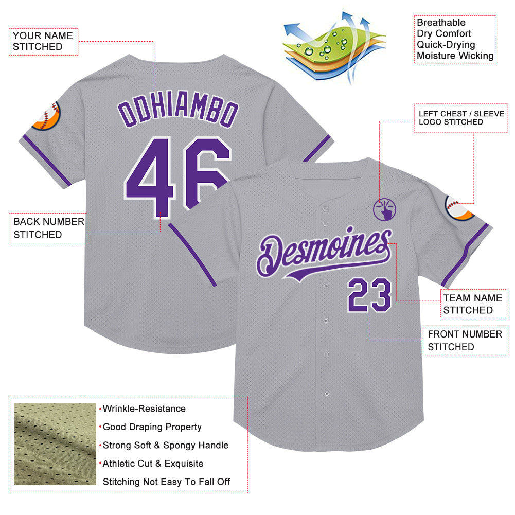 Custom Gray Purple-White Mesh Authentic Throwback Baseball Jersey - Sky-Custom