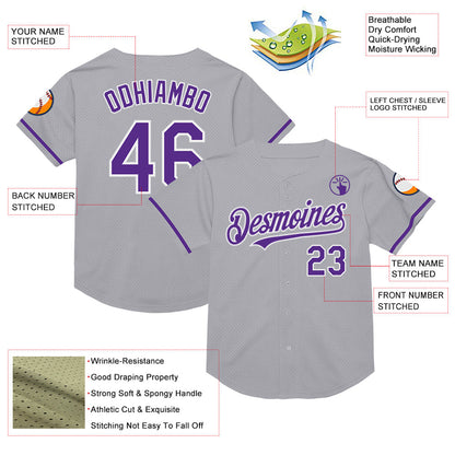 Custom Gray Purple-White Mesh Authentic Throwback Baseball Jersey - Sky-Custom