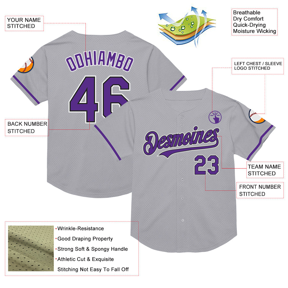 Custom Gray Purple-Black Mesh Authentic Throwback Baseball Jersey - Sky-Custom