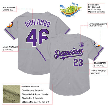 Custom Gray Purple-Black Mesh Authentic Throwback Baseball Jersey - Sky-Custom