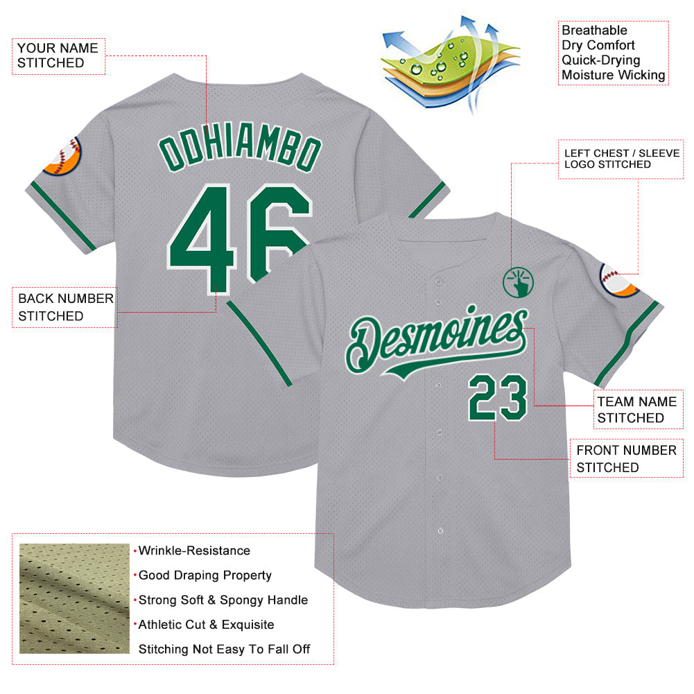 Custom Gray Kelly Green-Black Mesh Authentic Throwback Baseball Jersey - Sky-Custom