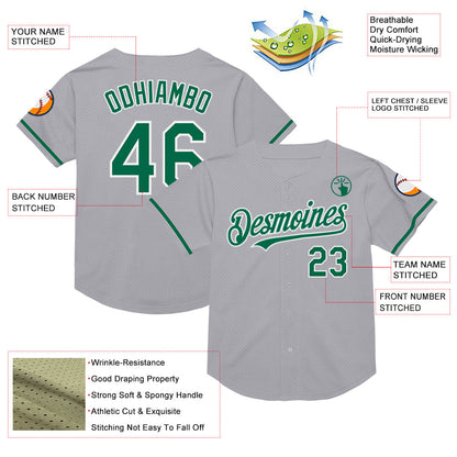 Custom Gray Kelly Green-Black Mesh Authentic Throwback Baseball Jersey - Sky-Custom