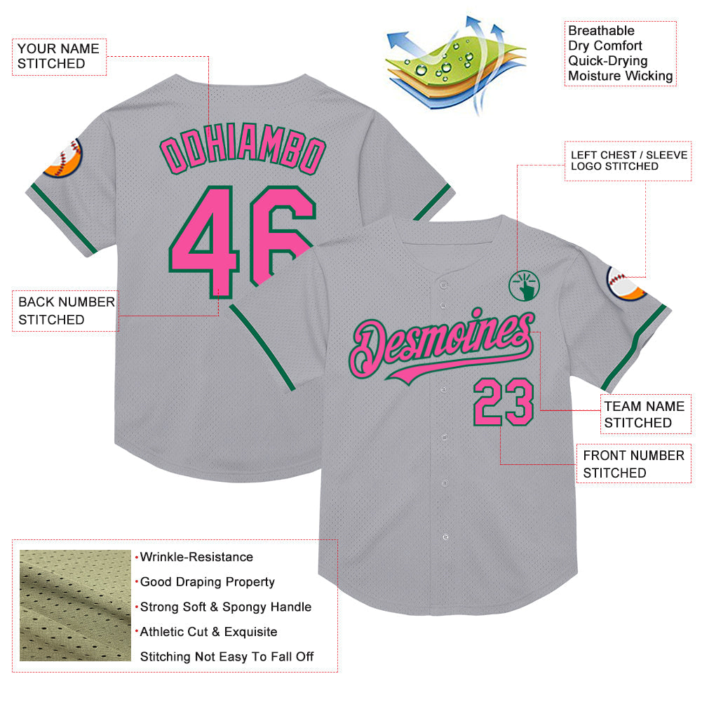 Custom Gray Pink-Kelly Green Mesh Authentic Throwback Baseball Jersey - Sky-Custom