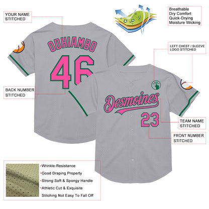 Custom Gray Pink-Kelly Green Mesh Authentic Throwback Baseball Jersey - Sky-Custom