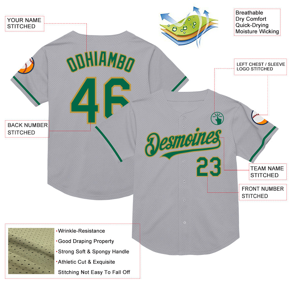 Custom Gray Kelly Green-Old Gold Mesh Authentic Throwback Baseball Jersey - Sky-Custom