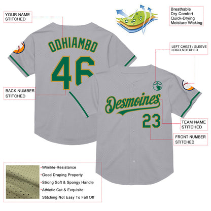 Custom Gray Kelly Green-Old Gold Mesh Authentic Throwback Baseball Jersey - Sky-Custom