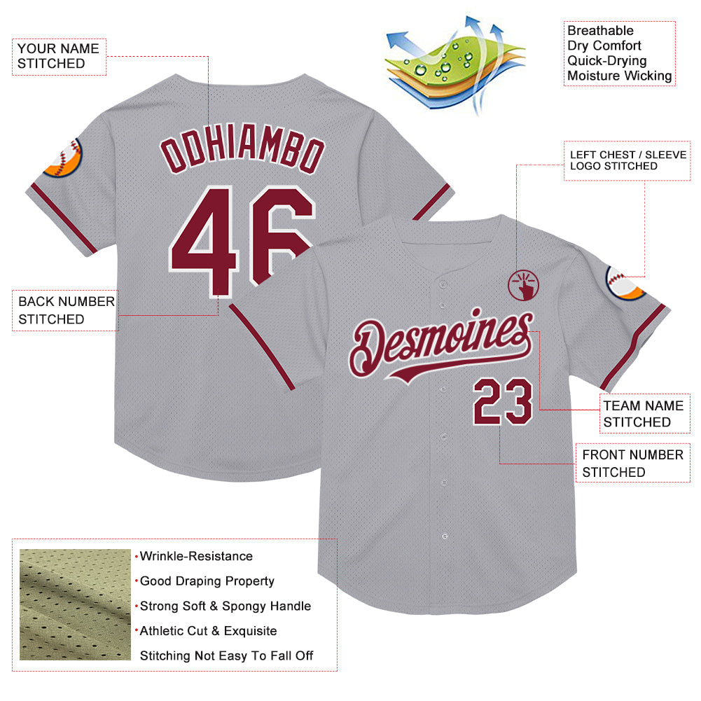 Custom Gray Crimson-White Mesh Authentic Throwback Baseball Jersey - Sky-Custom