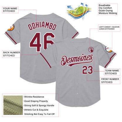 Custom Gray Crimson-White Mesh Authentic Throwback Baseball Jersey - Sky-Custom
