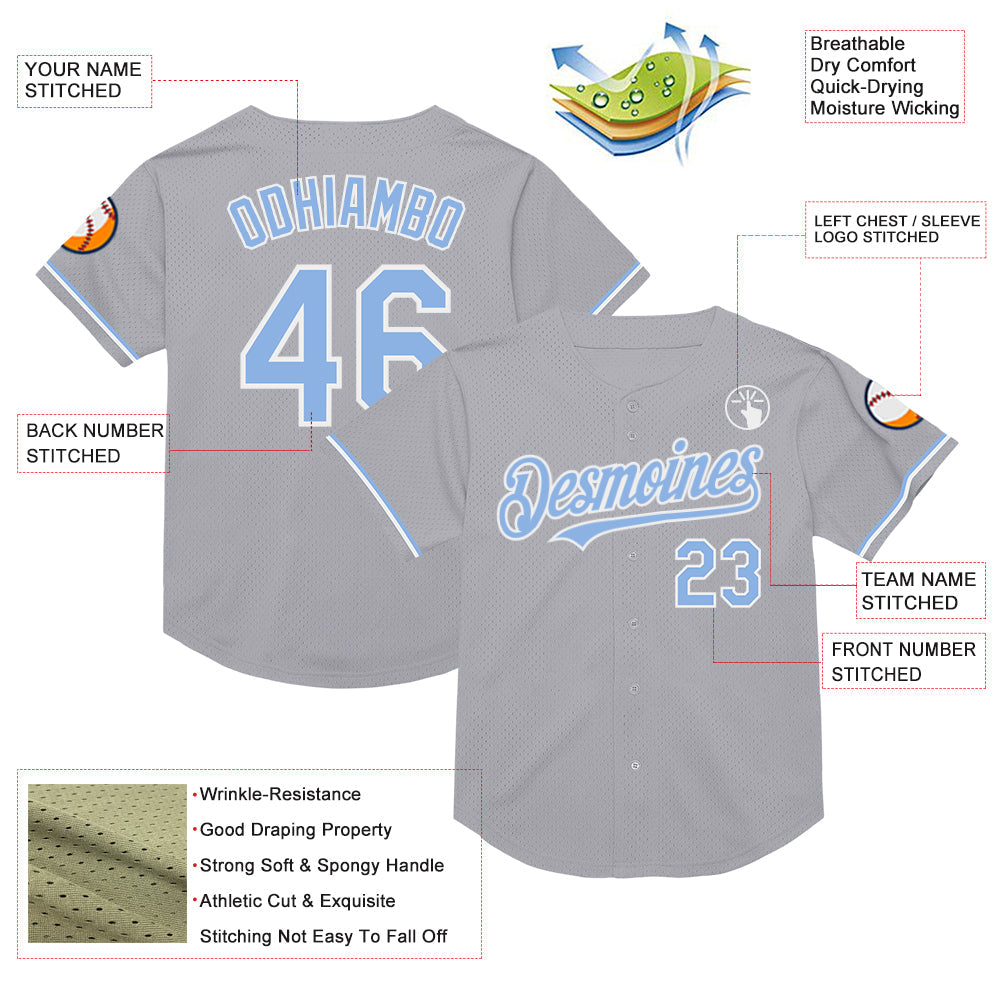 Custom Gray Light Blue-White Mesh Authentic Throwback Baseball Jersey - Sky-Custom