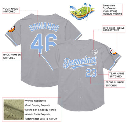 Custom Gray Light Blue-White Mesh Authentic Throwback Baseball Jersey - Sky-Custom