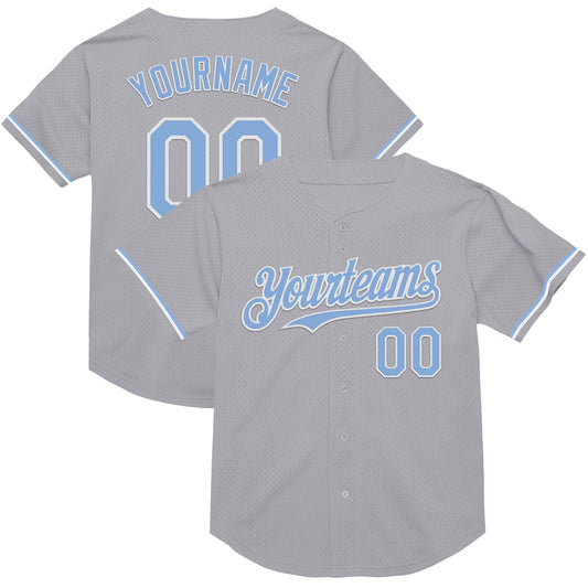 Custom Gray Light Blue-White Mesh Authentic Throwback Baseball Jersey - Sky-Custom