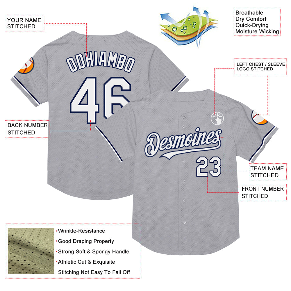 Custom Gray White-Navy Mesh Authentic Throwback Baseball Jersey - Sky-Custom