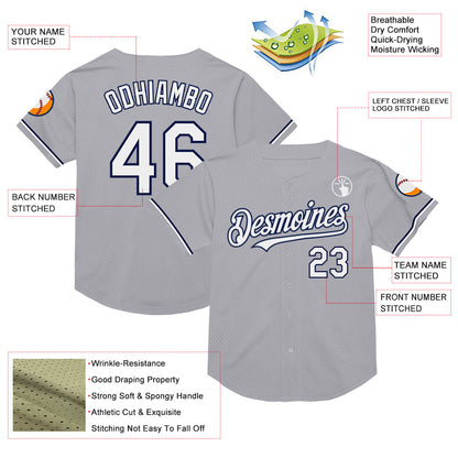 Custom Gray White-Navy Mesh Authentic Throwback Baseball Jersey - Sky-Custom