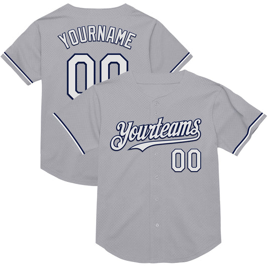Custom Gray White-Navy Mesh Authentic Throwback Baseball Jersey - Sky-Custom