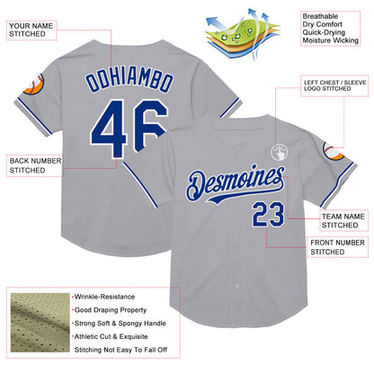 Custom Gray Royal-White Mesh Authentic Throwback Baseball Jersey - Sky-Custom