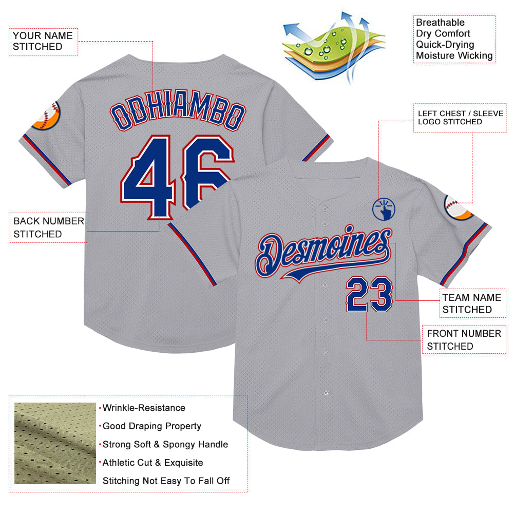 Custom Gray Royal-Red Mesh Authentic Throwback Baseball Jersey - Sky-Custom