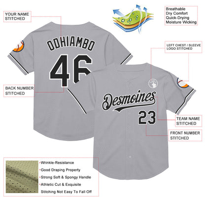 Custom Gray Black-White Mesh Authentic Throwback Baseball Jersey - Sky-Custom