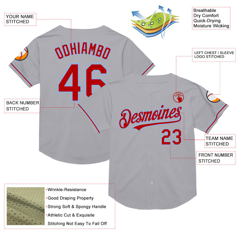 Custom Gray Red-Light Blue Mesh Authentic Throwback Baseball Jersey - Sky-Custom