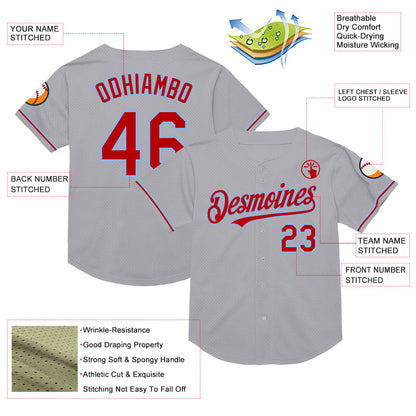 Custom Gray Red-Light Blue Mesh Authentic Throwback Baseball Jersey - Sky-Custom