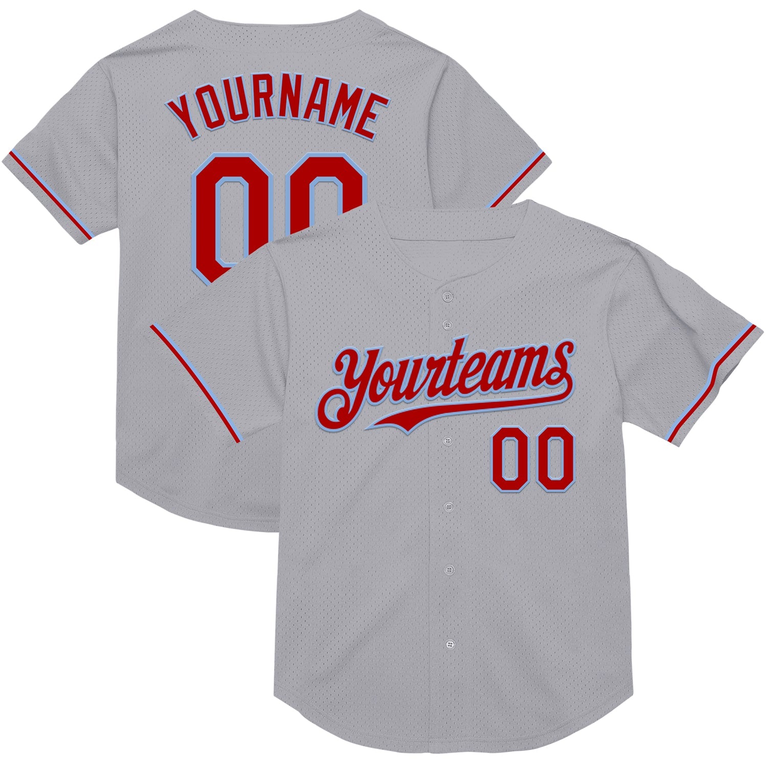 Custom Gray Red-Light Blue Mesh Authentic Throwback Baseball Jersey - Sky-Custom