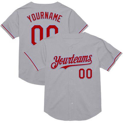 Custom Gray Red-Light Blue Mesh Authentic Throwback Baseball Jersey - Sky-Custom