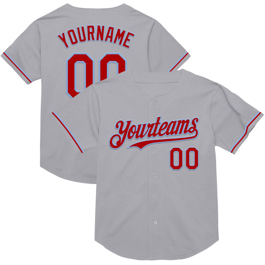 Custom Gray Red-Light Blue Mesh Authentic Throwback Baseball Jersey - Sky-Custom