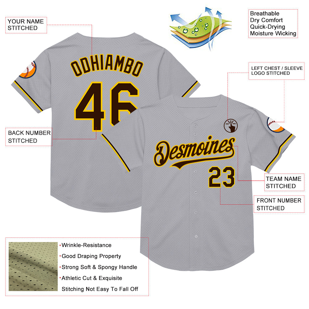 Custom Gray Brown-Yellow Mesh Authentic Throwback Baseball Jersey - Sky-Custom