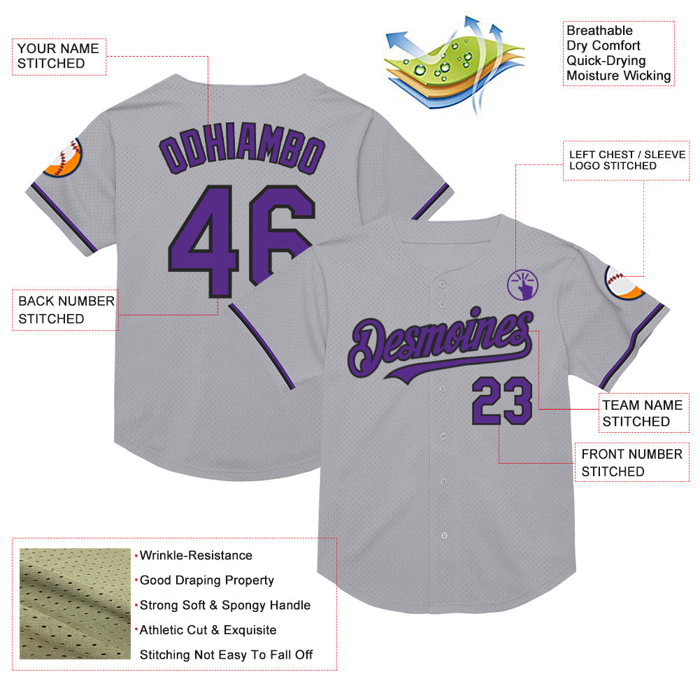 Custom Gray Purple-Black Mesh Authentic Throwback Baseball Jersey - Sky-Custom