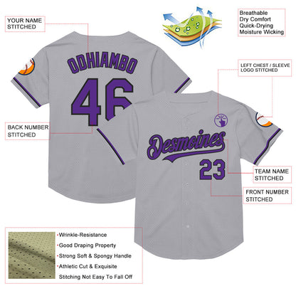 Custom Gray Purple-Black Mesh Authentic Throwback Baseball Jersey - Sky-Custom