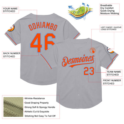 Custom Gray Orange-Powder Blue Mesh Authentic Throwback Baseball Jersey - Sky-Custom