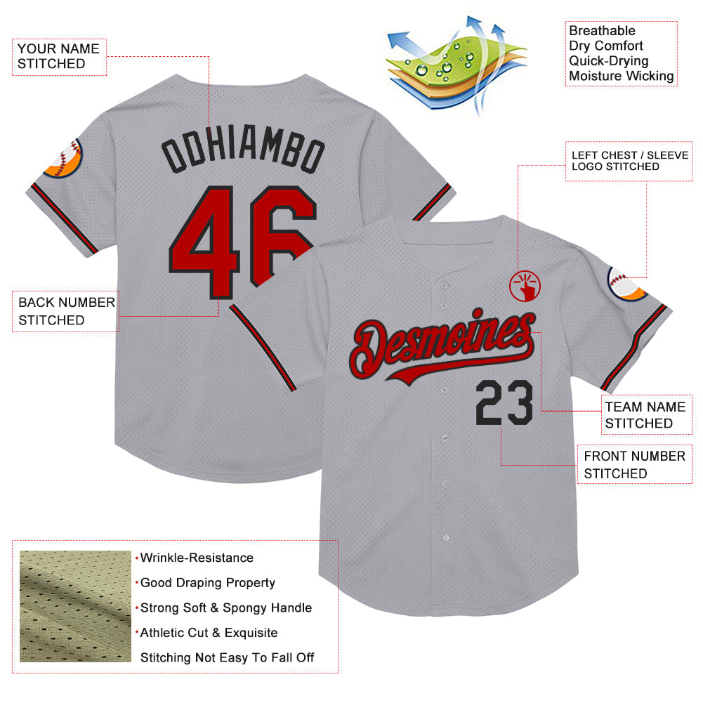 Custom Gray Red-Black Mesh Authentic Throwback Baseball Jersey - Sky-Custom
