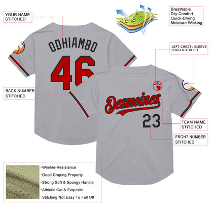Custom Gray Red-Black Mesh Authentic Throwback Baseball Jersey - Sky-Custom