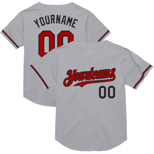 Custom Gray Red-Black Mesh Authentic Throwback Baseball Jersey - Sky-Custom