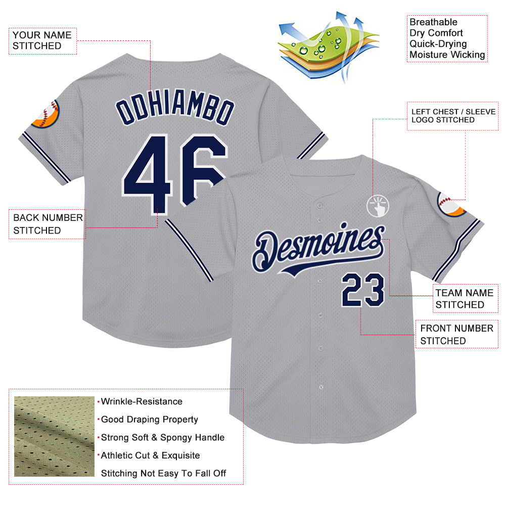 Custom Gray Navy-White Mesh Authentic Throwback Baseball Jersey - Sky-Custom