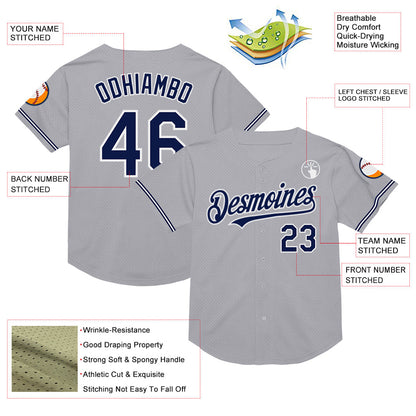 Custom Gray Navy-White Mesh Authentic Throwback Baseball Jersey - Sky-Custom
